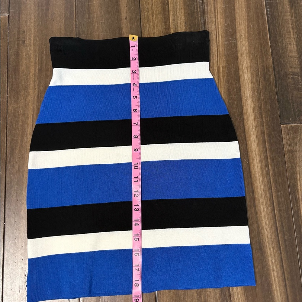 INC Sz S Mini Bodycon Skirt Blue Black & White Striped Stretchy Zip Up High Rise - Picture 4 of 9